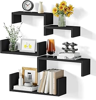 SRIWATANA Etagere Murale Noir Lot de 5, Étagère Murales Bois Suspendue, Etagere Flottante de Rangement, DIY Déco Tablette Flottante pour Salon Chambre Bureau Salle de Bains, Cuisine, Charge Max.40kg