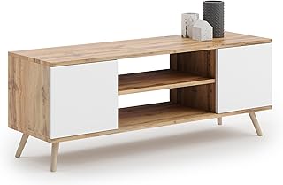 KOBI Meuble TV Focus 135 | Style scandinave sur Pieds en Bois | Meuble TV pour Le Salon et la Salle à Manger (Chêne doré - Blanc)