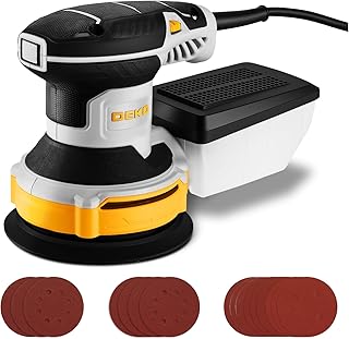 DEKOPRO 300W Ponceuse Orbitale Excentrique, 6 Vitesses, 14000RPM, Papier Abrasif 16 Pièces, Patin de Ponçage 125mm, Collecteur de Poussière, pour Surfaces en Bois et Acier, Jaune-gris