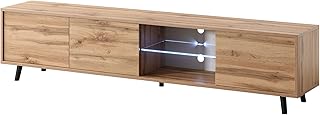 Selsey Meuble TV Debout sur Pieds Trois Niches Fermées Une Niche Ouverte Élément en Verre Lumières LED Blanches 175 cm Chêne Wotan Galhad