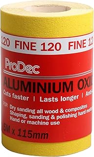 ProDec Rouleau de 5 m de papier abrasif jaune, oxyde d’aluminium, grain 120 fin pour poncer bois, peinture, joints, métal et plus, papier abrasif compatible avec les ponceuses électriques