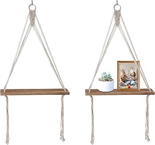 2 Pcs Bois Macramé Boheme Etagere Suspendue, Étagères Murales Flottantes En Macramé Style Bohème Rustique, Etagere Suspendue En Bois Avec Corde Swin Pour Chambre À Coucher, Chambre D