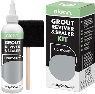GLEAN Rénovateur et scellant de joints | joint carrelage raviver | Gris Clair | 340g | Restauration joint salle de bain | Comprend une pinceau en mousse | Rénovateur de joints résistant aux taches