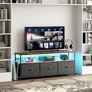 Meuble TV avec LED, 3 tiroirs en tissu, compartiments ouverts, bois, meuble TV, 108 cm de long, pour salon, chambre à coucher, noir