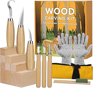 Kit Sculpture Bois 18 en 1, Outils Sculpture Bois avec 8 Blocs de Sculpture en Tilleul, 6 Couteau Sculpture Bois pour Débutants Professionnels Sculpteurs, Gants Résistants aux Coupures, Sac Léger